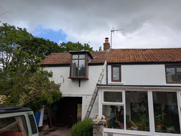 Ladder up to a pantile roof on a cottage during a storm damage inspection